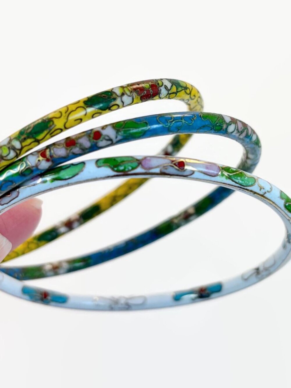 Vintage, Cloisonne Bracelets, Vintage, Lot, 3 Set, Blue, White, Yellow, Stack